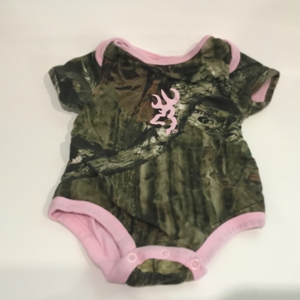 Browning Pink and Camouflage onesie with logo